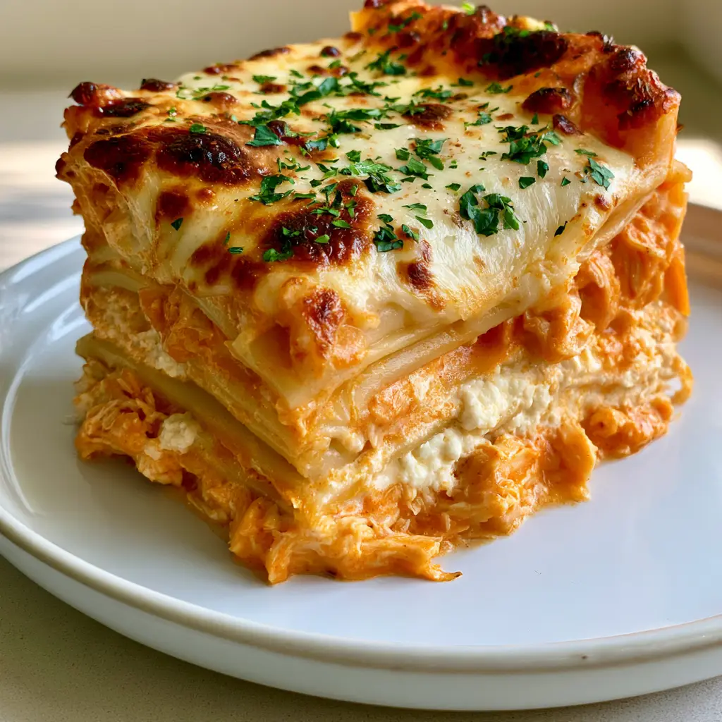 Side view of a Buffalo Chicken Lasagna slice showing the spicy orange filling and white ricotta mixture.