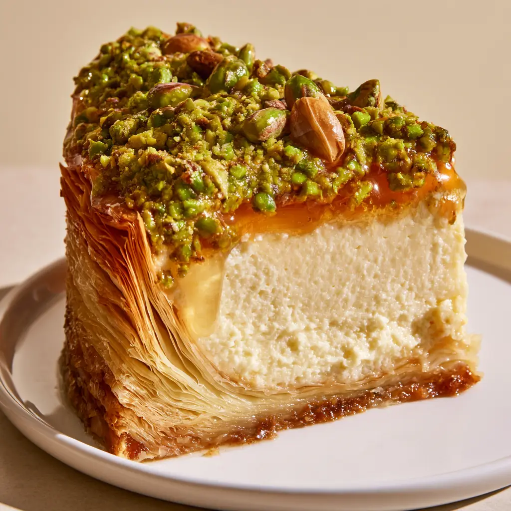 Baklava Cheesecake: The Ultimate Crispy Phyllo and Honey Fusion 1 Overhead-angle view of a Baklava Cheesecake topped with roasted green pistachios and glistening amber honey glaze.