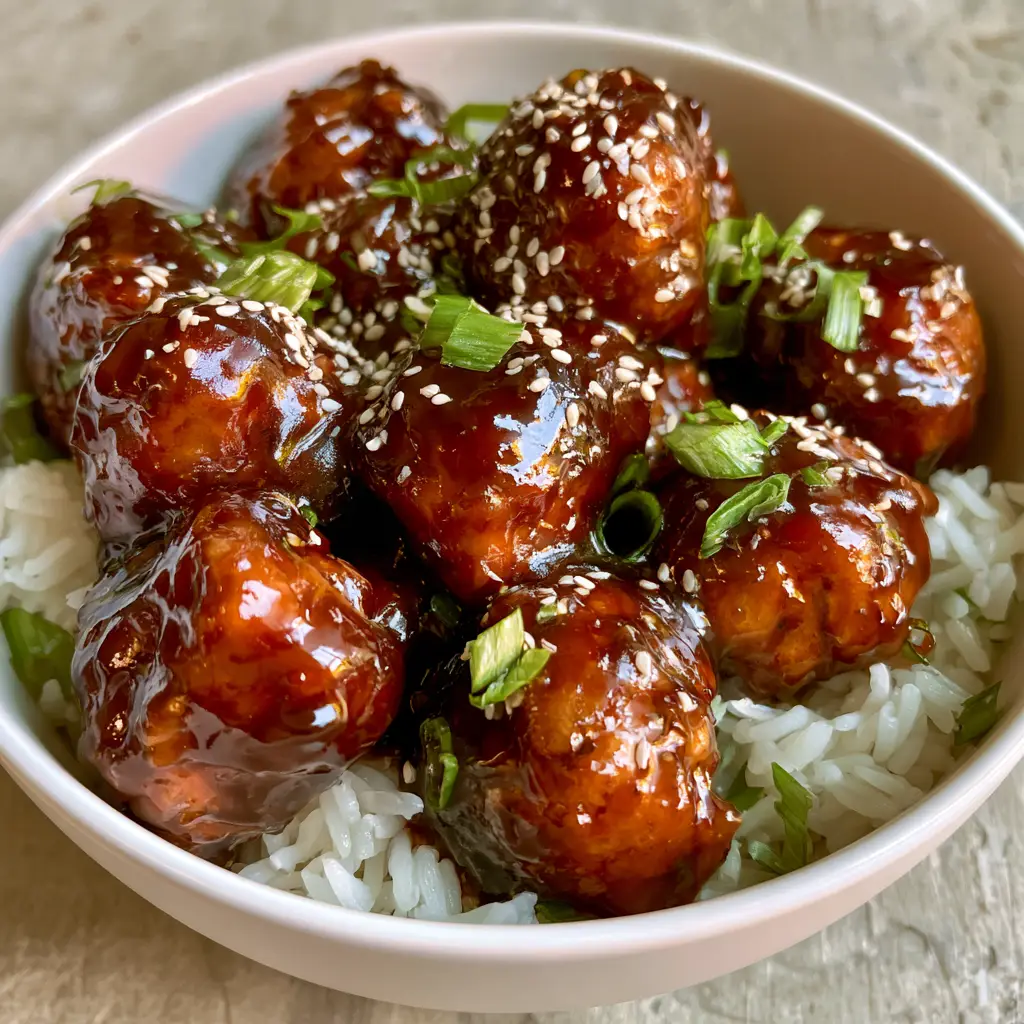 Overhead view of Slow Cooker Teriyaki Meatballs served over fluffy white rice on a light-toned rustic wooden table.