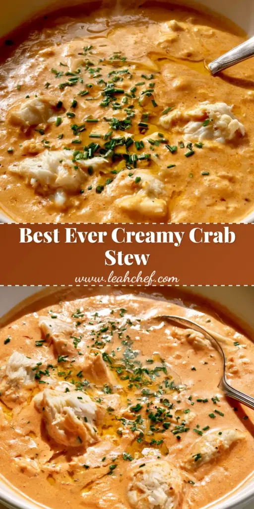A shallow white bowl of Creamy Crab Stew featuring large chunks of white lump crab meat in a thick orange broth, topped with chives and a butter drizzle.