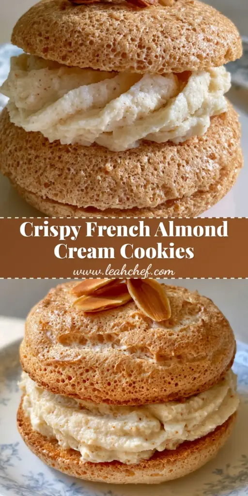 A close-up of a French Almond Dacquoise Cookie sandwich on a blue floral plate, featuring toasted almond slivers on top and a thick cream swirl.