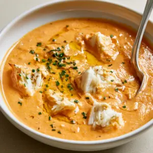 Handheld smartphone photo of Creamy Crab Stew in a white ceramic bowl with visible steam and flaky crab meat chunks.