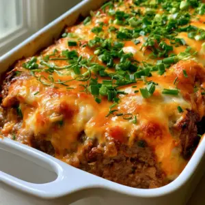 Handheld photo of a gooey Cheesy Meatloaf Casserole showing the thick beef base and melted cheddar cheese.