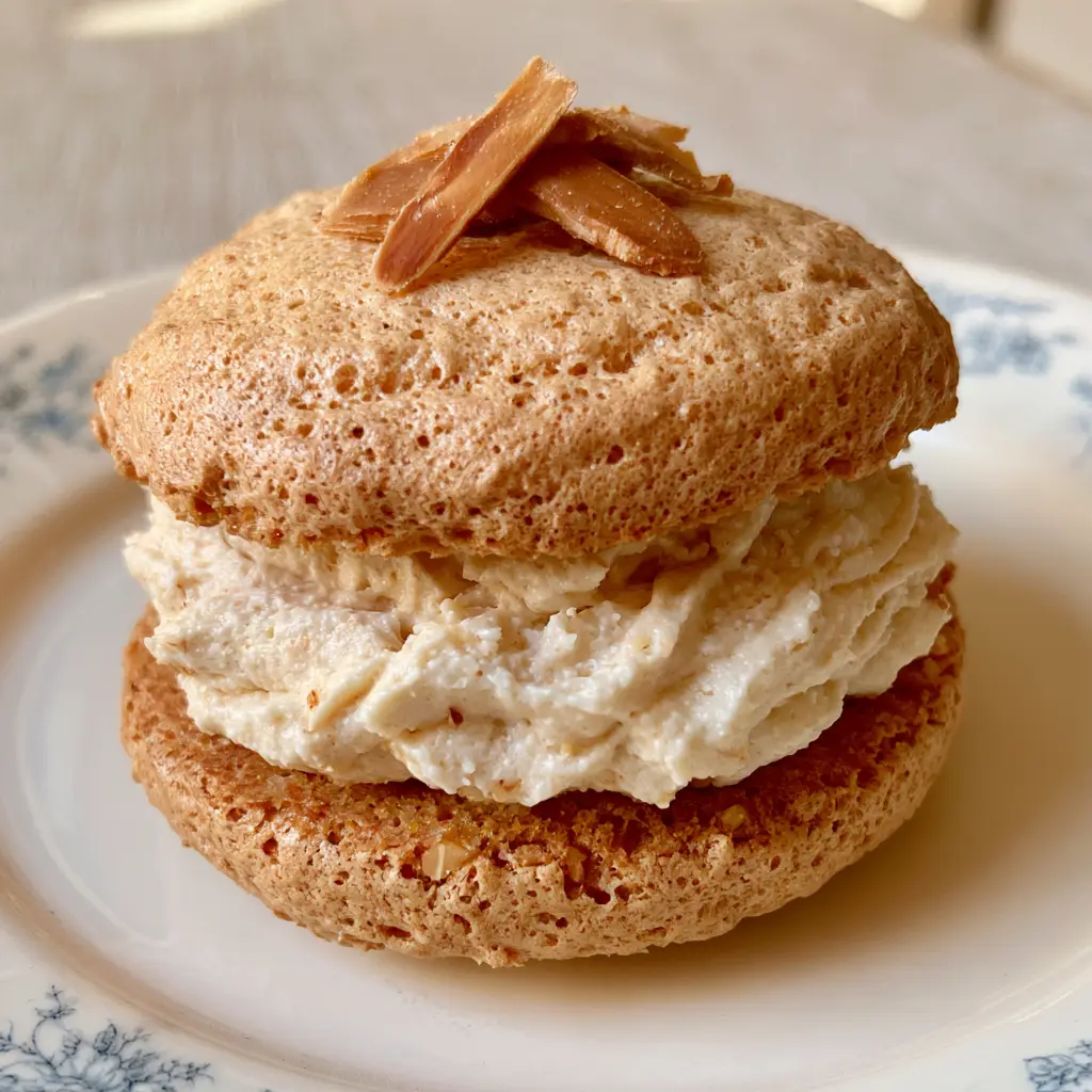 A cluster of three toasted almond slivers garnishing the top of a round Almond Dacquoise Cookie.