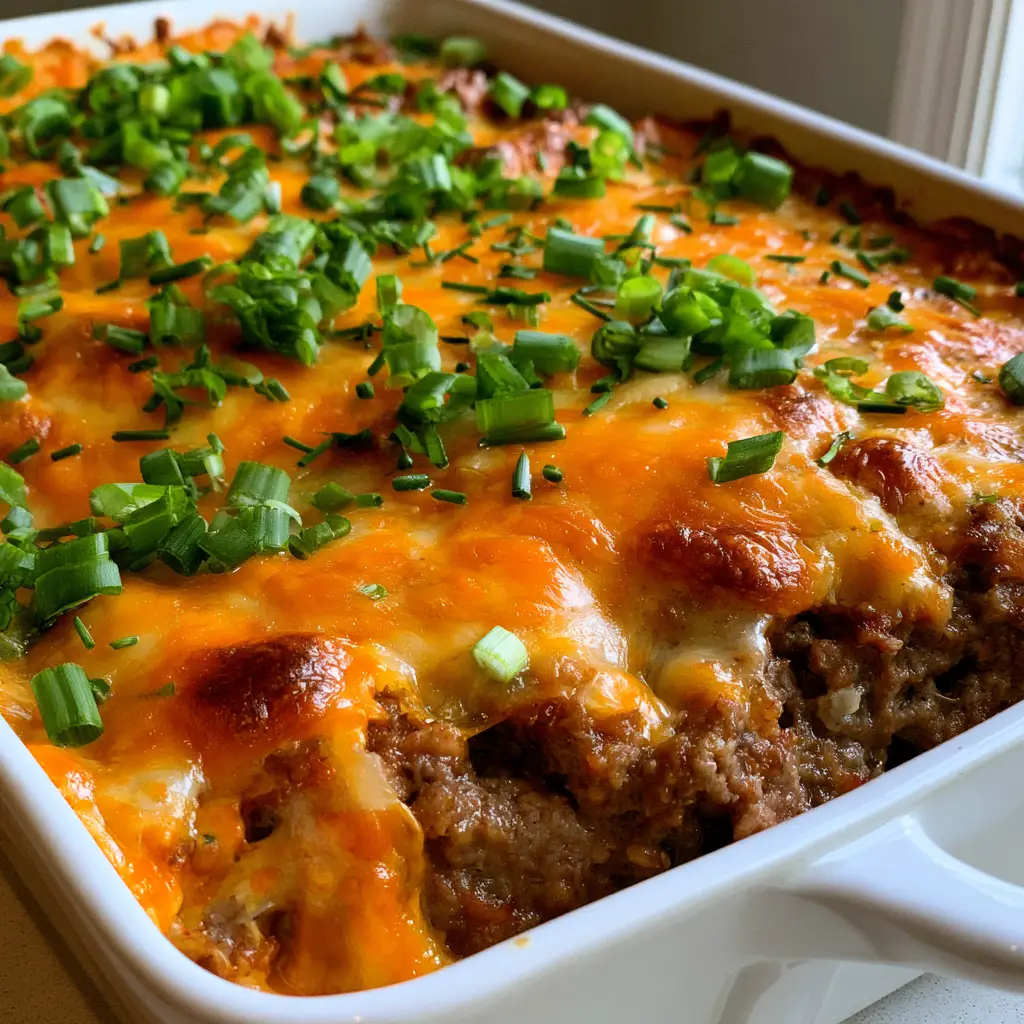 Close-up of melted orange and yellow cheddar cheese on a meatloaf casserole with chive garnish.