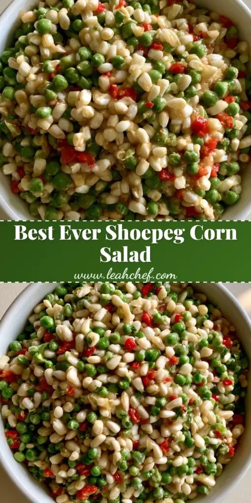 Shoepeg Corn Salad: The Best Classic Summer Side Dish 3 A close-up vertical shot of Shoepeg Corn Salad in a white bowl, showing glossy kernels, green peas, and red pimentos.