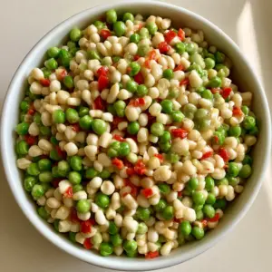 Top-down view of a white ceramic bowl filled with glossy Shoepeg Corn Salad featuring green peas and red pimentos.