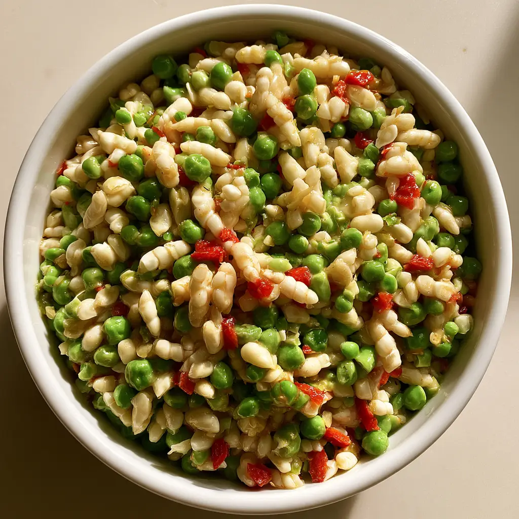 Shoepeg Corn Salad: The Best Classic Summer Side Dish 1 Angled view of Shoepeg Corn Salad in a white bowl, highlighting the textures of white corn, soft peas, and crisp celery.