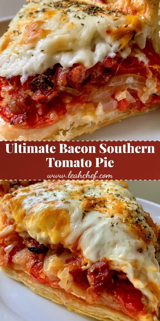 Southern Tomato Pie: The Ultimate Flaky and Cheesy Summer Tradition 3 A close-up vertical shot of a Southern Tomato Pie slice showing layers of bacon, caramelized onions, and melted cheese with green herb flakes.