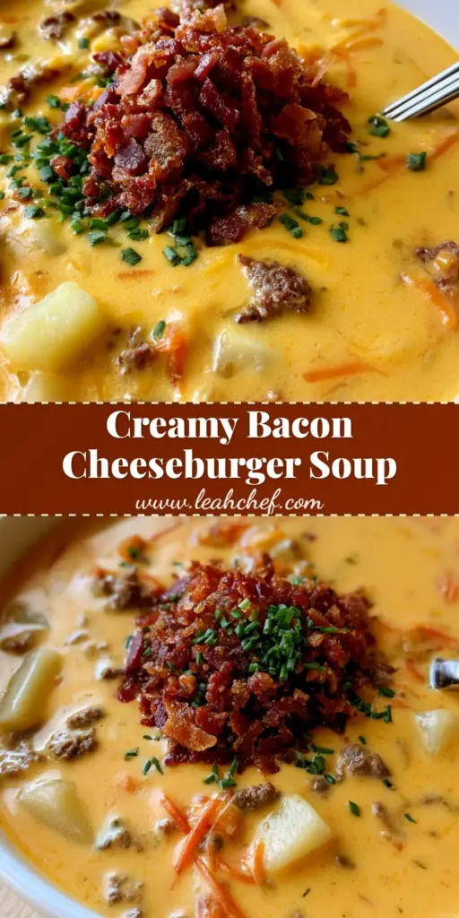 Bacon Cheeseburger Soup: The Ultimate Creamy Cheddar Comfort Food 4 A top-down view of Bacon Cheeseburger Soup in a white bowl with a cluster of crispy bacon and chives on a wooden table.
