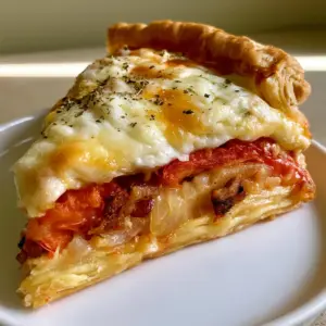 A single slice of Southern Tomato Pie on a white plate, showcasing the golden-brown flaky crust and thick layer of melted cheddar and mozzarella cheese.