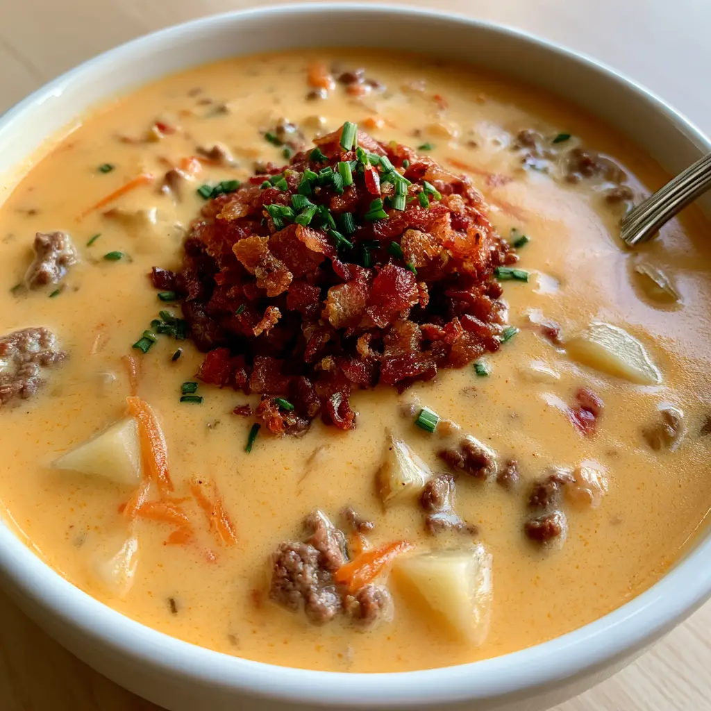 Close-up of thick orange Bacon Cheeseburger Soup showing beef crumbles and soft potato cubes in a white bowl.