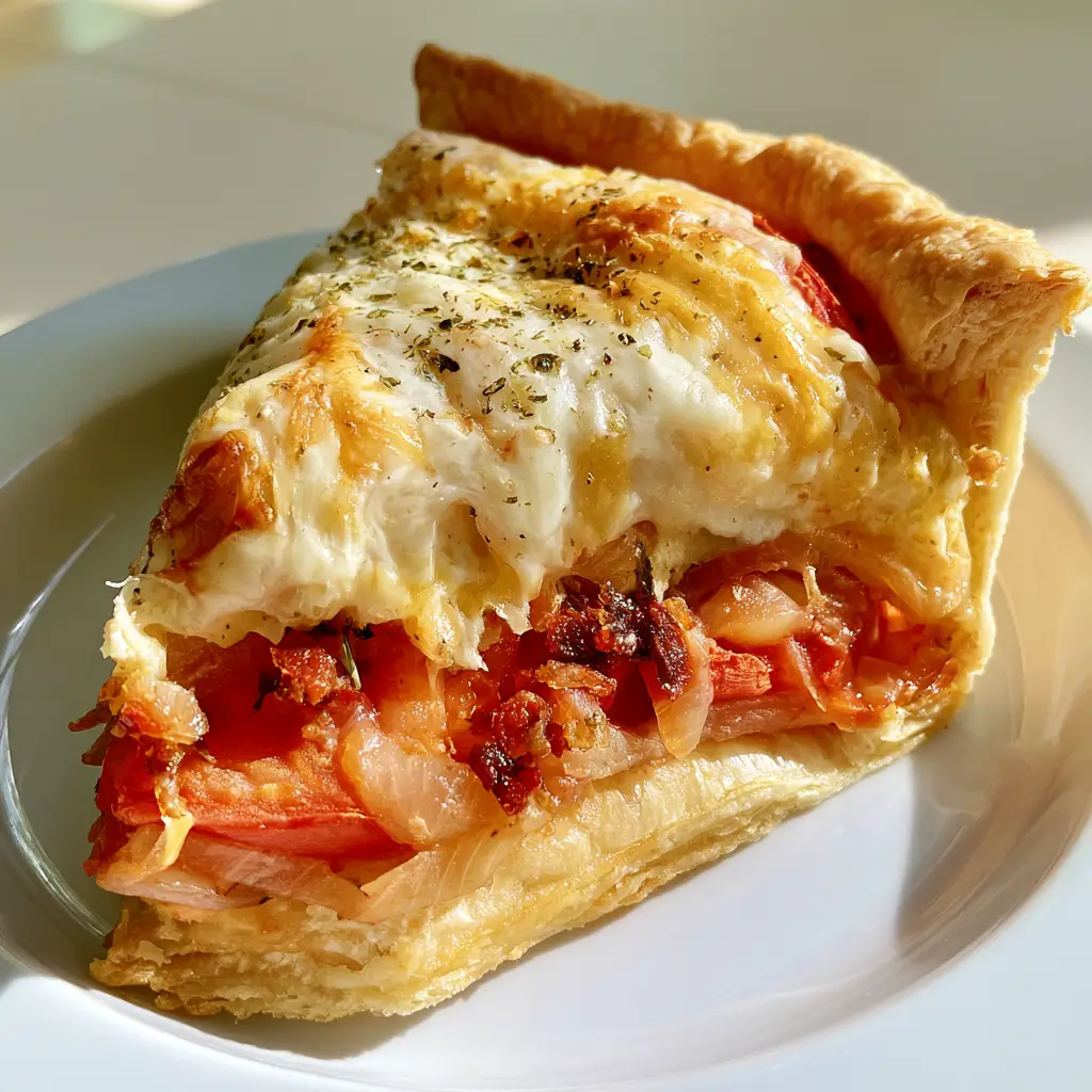 Southern Tomato Pie: The Ultimate Flaky and Cheesy Summer Tradition 1 A close-up of the Southern Tomato Pie layers featuring cooked red tomato slices and browned crispy bacon bits.