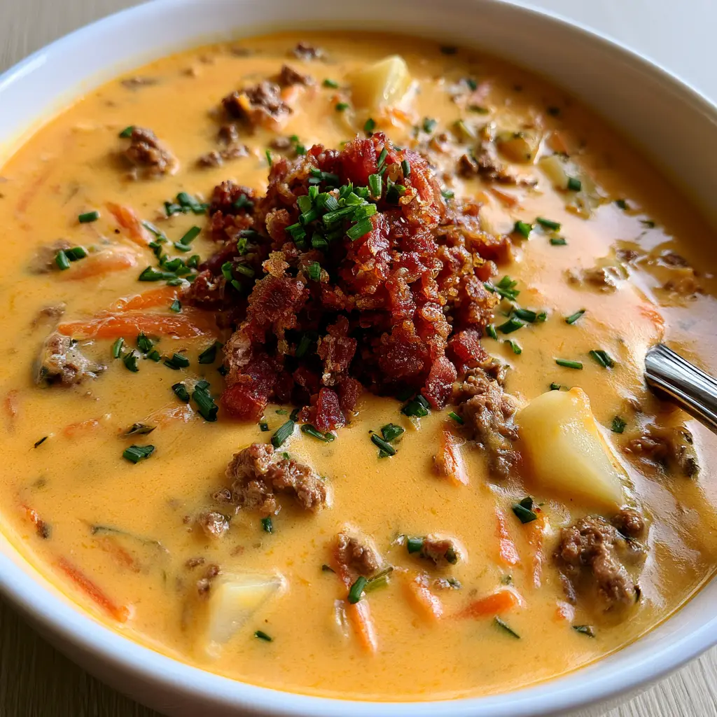 Bacon Cheeseburger Soup: The Ultimate Creamy Cheddar Comfort Food 1 Bacon Cheeseburger Soup topped with a large cluster of crispy reddish-brown bacon and vibrant green chives.