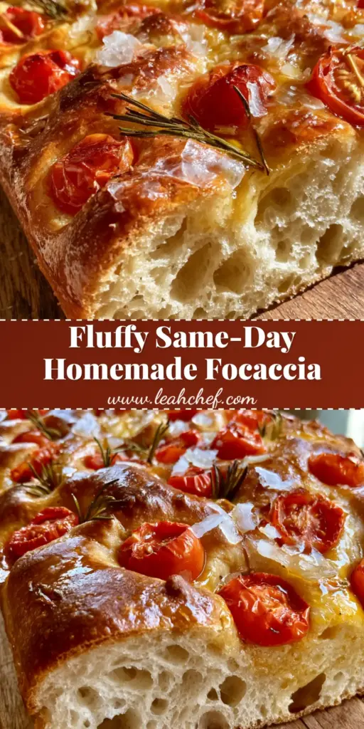 Same-Day Focaccia Bread with Blistered Tomatoes and Rosemary 3 A close-up shot of Same-Day Focaccia Bread showing a deep golden-brown dimpled crust topped with blistered cherry tomatoes and rosemary sprigs.