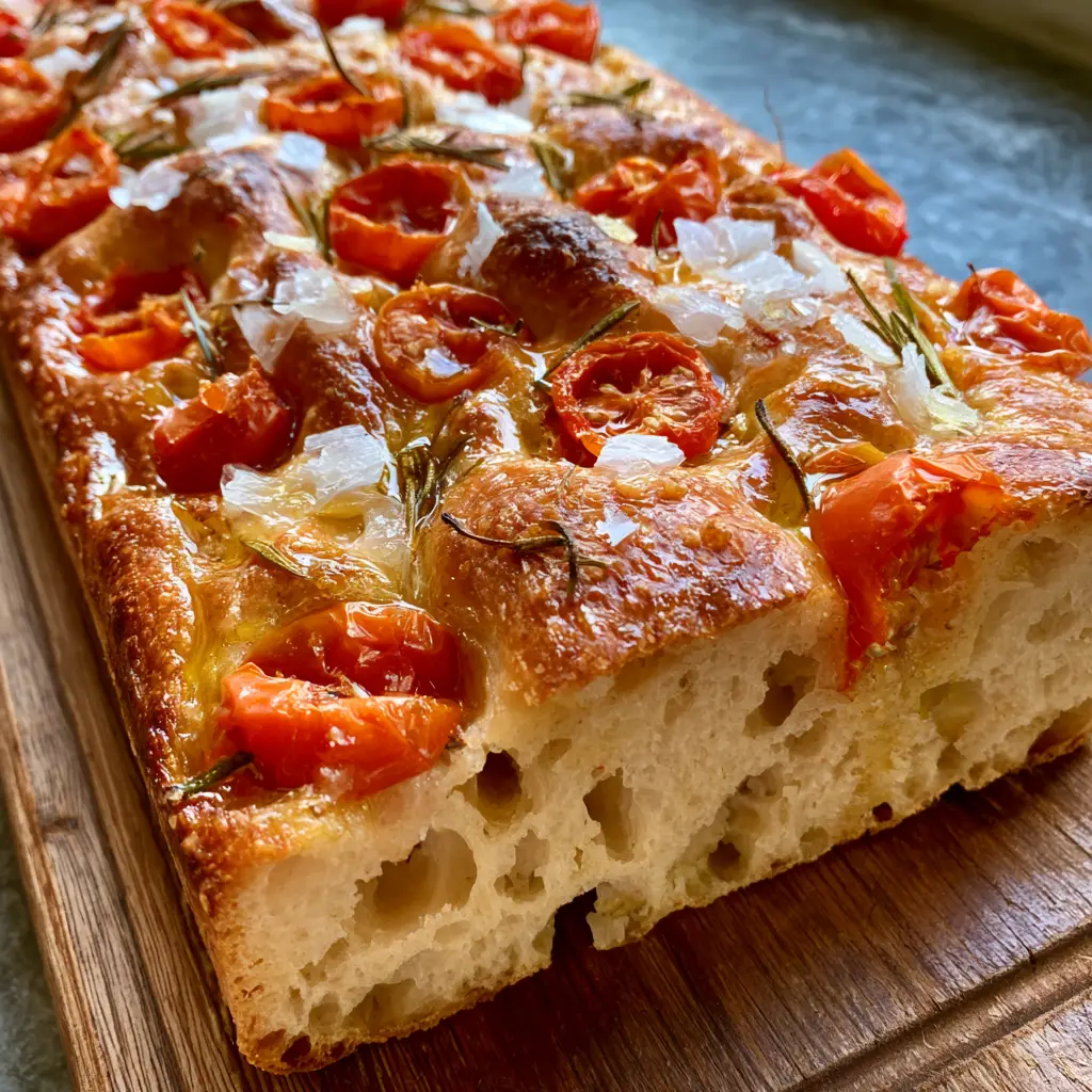 A rectangular slab of freshly baked Same-Day Focaccia Bread on a rustic wooden board with a pale, aerated interior crumb.