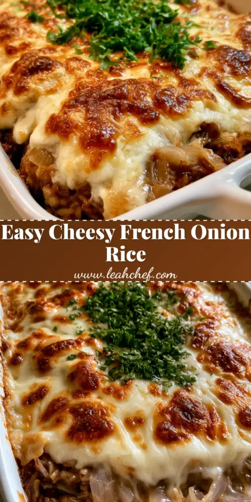 French Onion Soup Rice: The Ultimate Cheesy Comfort Food Casserole 4 A top-down view of French Onion Soup Rice in a white dish featuring dark brown rice, jammy onions, and a thick layer of melted, charred Gruyere cheese. (French Onion Soup Rice)
