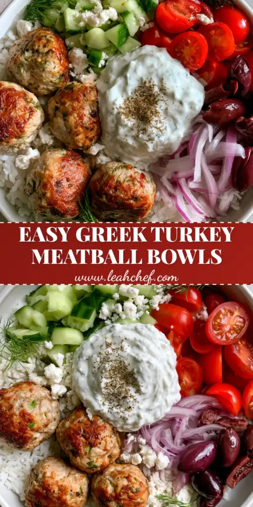 A top-down view of Greek Turkey Meatball Bowls featuring seared herb meatballs, fluffy rice, fresh cucumbers, tomatoes, and a dollop of creamy tzatziki.