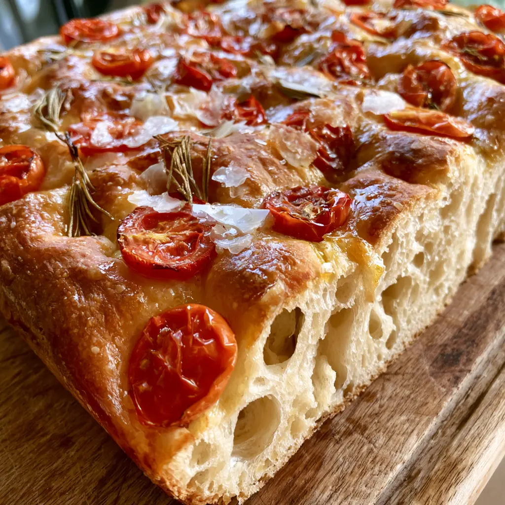 Same-Day Focaccia Bread with Blistered Tomatoes and Rosemary 1 Overhead view of Same-Day Focaccia Bread glistening with extra virgin olive oil and topped with rosemary and sea salt.