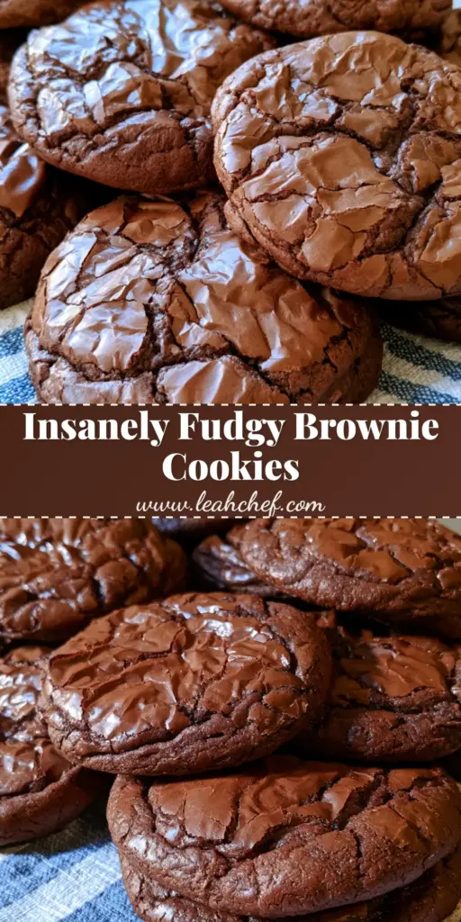 Fudgy Brownie Cookies with a Shiny Crackly Crust 3 A stack of thick Fudgy Brownie Cookies with a shiny crackly crust and deep fissures, arranged on a blue and white striped fabric.