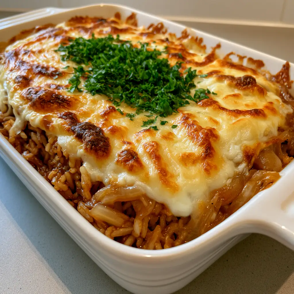 Close up photo of French Onion Soup Rice showing long-grain white rice stained dark brown with melted golden mozzarella and parsley. (French Onion Soup Rice)
