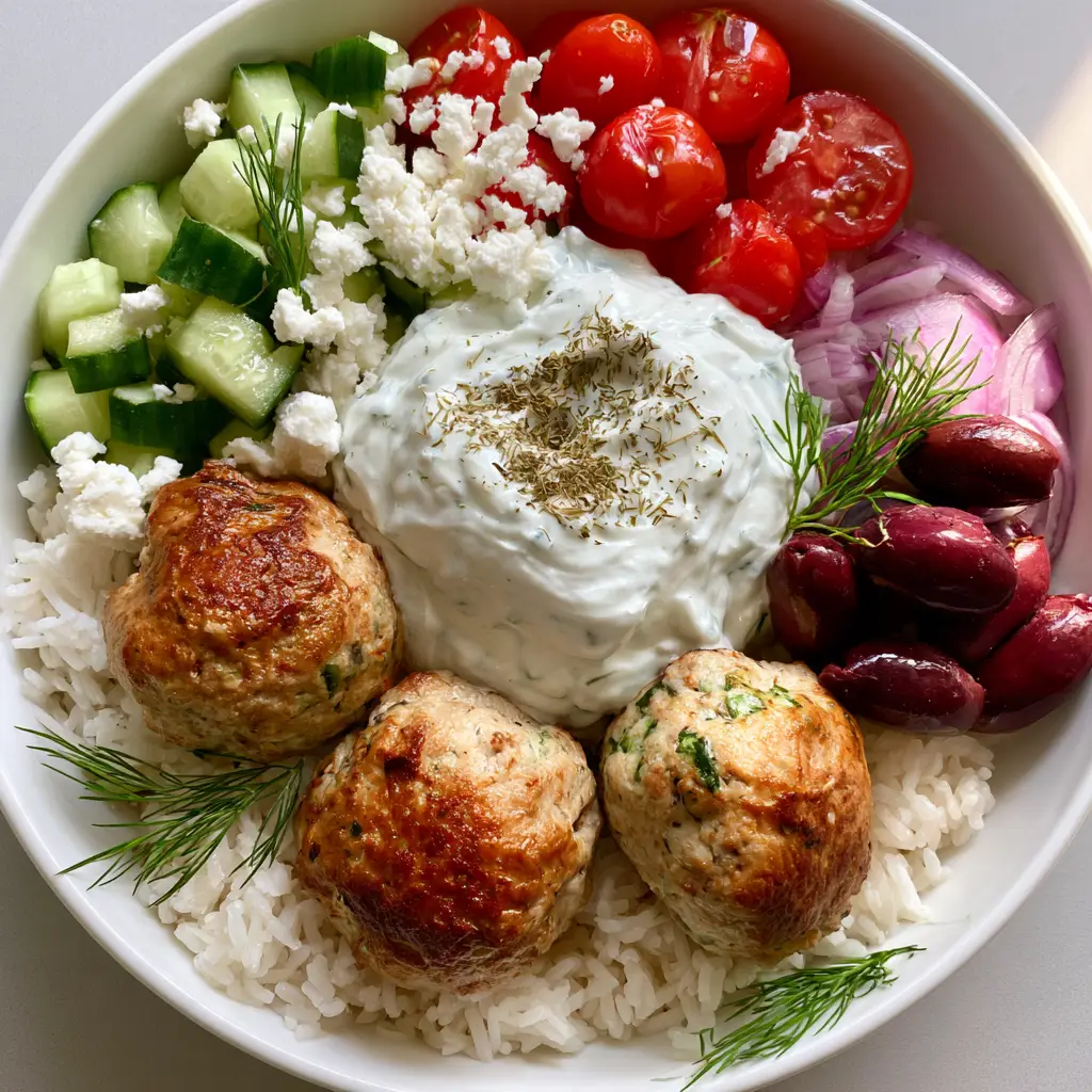 Close up of golden-brown herb-flecked turkey meatballs in a Greek bowl with kalamata olives and feta cheese. (Greek Turkey Meatball Bowls)