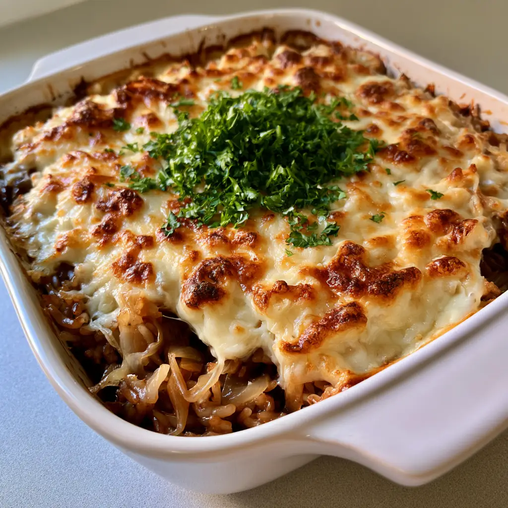 French Onion Soup Rice: The Ultimate Cheesy Comfort Food Casserole 1 Smartphone photo of a white rectangular baking dish filled with savory French Onion Soup Rice topped with parsley.