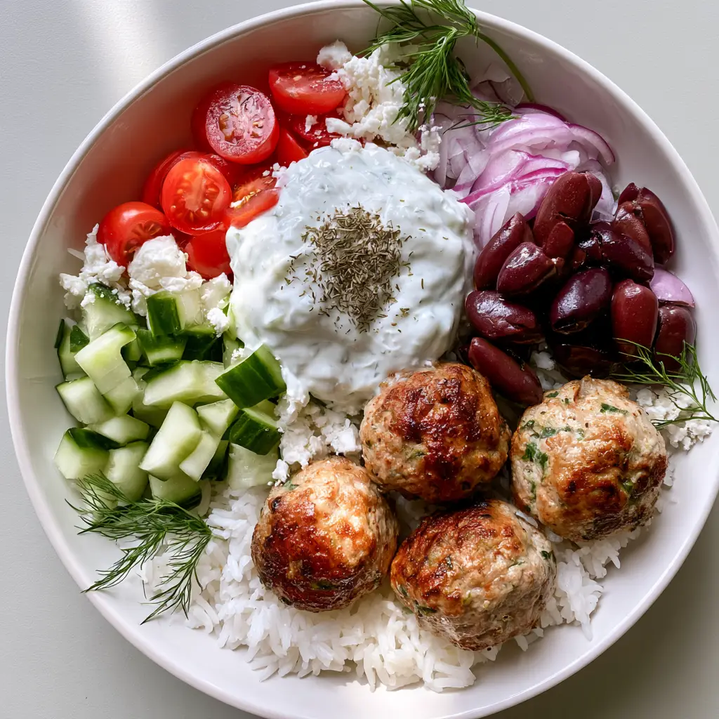 Assembled Greek Turkey Meatball Bowls with diced cucumbers, halved tomatoes, and a thick dollop of tzatziki sauce topped with dill.
