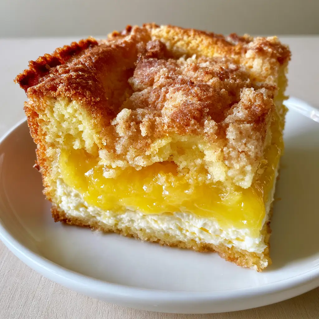A thick slice of Lemon Cream Cheese Dump Cake on a white plate, highlighting the smooth white base and translucent yellow lemon curd middle.