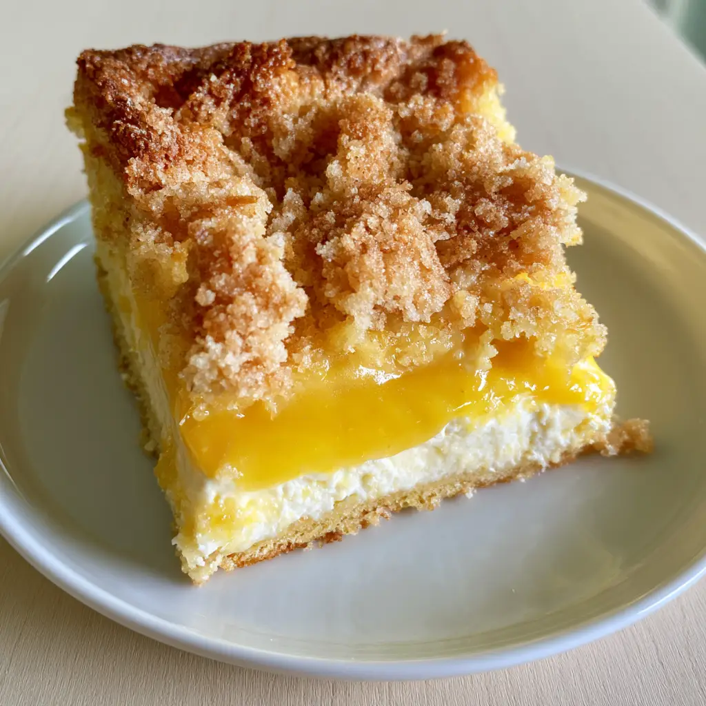 Lemon Cream Cheese Dump Cake: The Ultimate Zesty Layered Dessert 1 A side view of the Lemon Cream Cheese Dump Cake slice showing the toasted, crisp edges of the buttery cake mix crumble.