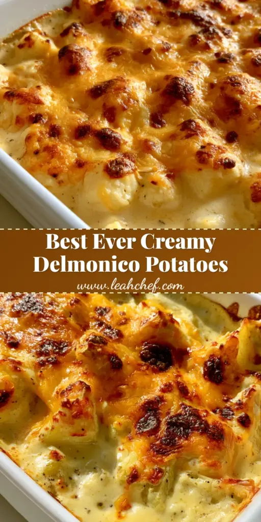Delmonico Potatoes: The Ultimate Cheesy Baked Potato Casserole 4 A top-down view of Delmonico Potatoes in a white ceramic dish with a bubbling, charred golden-brown cheddar cheese crust and flecks of black pepper.