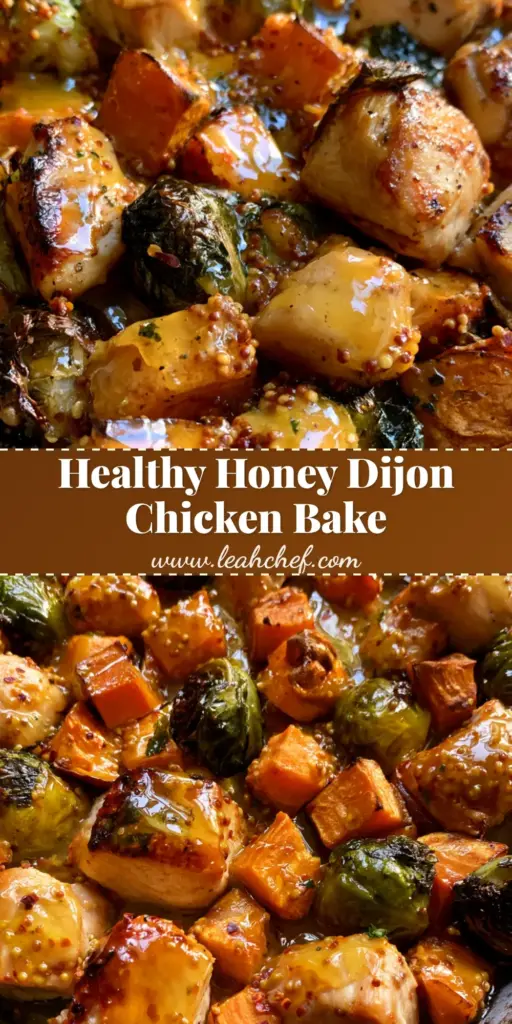 Sheet Pan Honey Dijon Chicken with Caramelized Sweet Potatoes 4 A dark metal baking sheet filled with Sheet Pan Honey Dijon Chicken, cubed sweet potatoes, and charred Brussels sprouts under soft daylight.