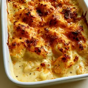 Close up photo of cubed potatoes submerged in a thick creamy pale yellow cheese sauce with melted cheddar on top. (Delmonico Potatoes)