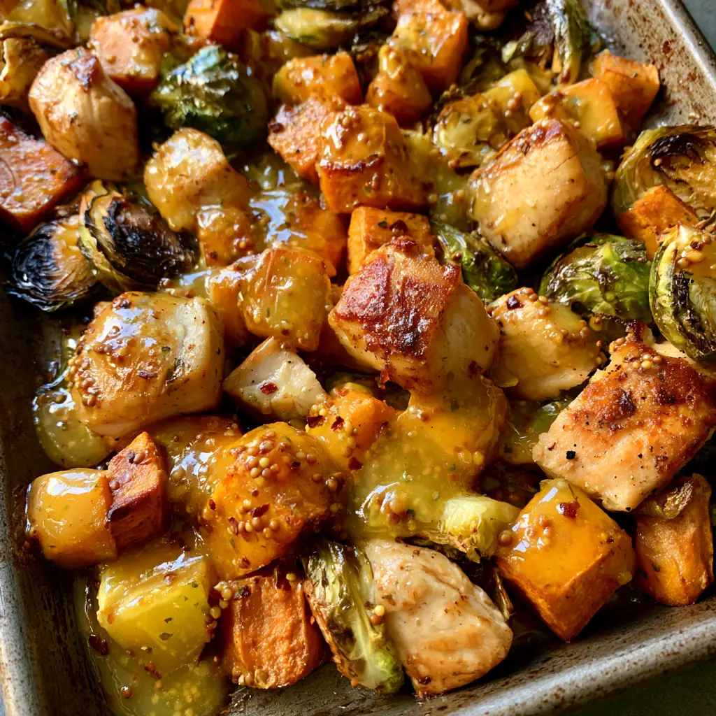 Close up top-down view of roasted chicken breast chunks and caramelized sweet potatoes with visible mustard seeds. (Sheet Pan Honey Dijon Chicken)