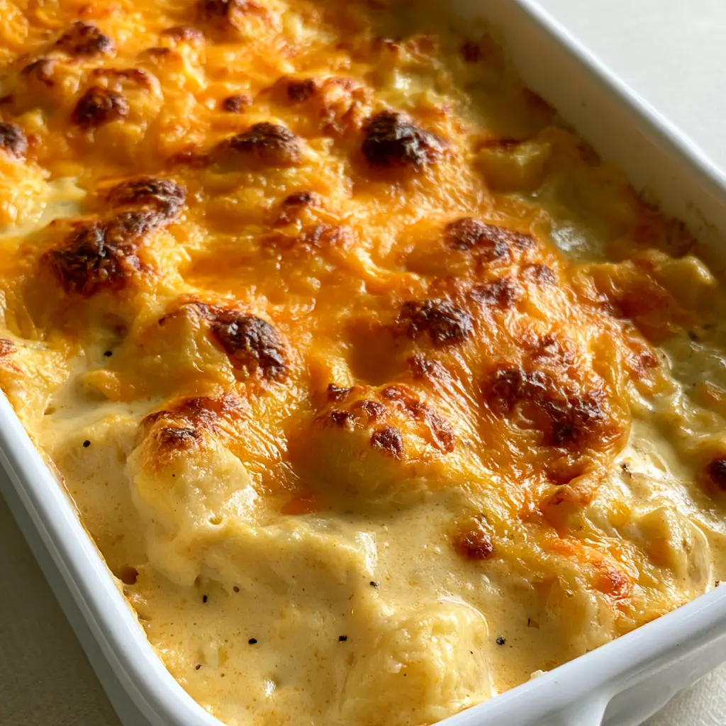 Delmonico Potatoes: The Ultimate Cheesy Baked Potato Casserole 1 A white rectangular baking dish filled with bubbling Delmonico Potatoes, showing crispy cheese edges and cracked black pepper.