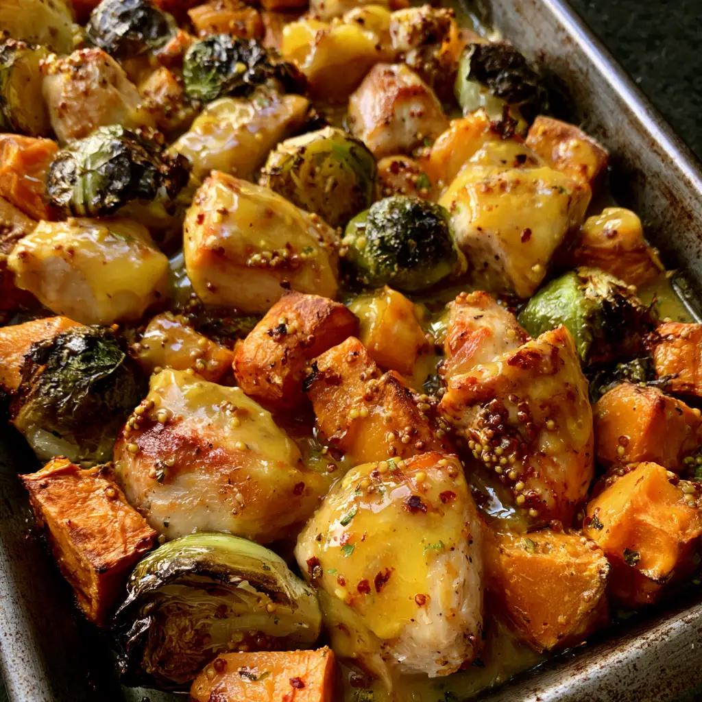 Sheet Pan Honey Dijon Chicken with Caramelized Sweet Potatoes 1 Halved Brussels sprouts with dark charred outer leaves on a dark metal sheet pan.