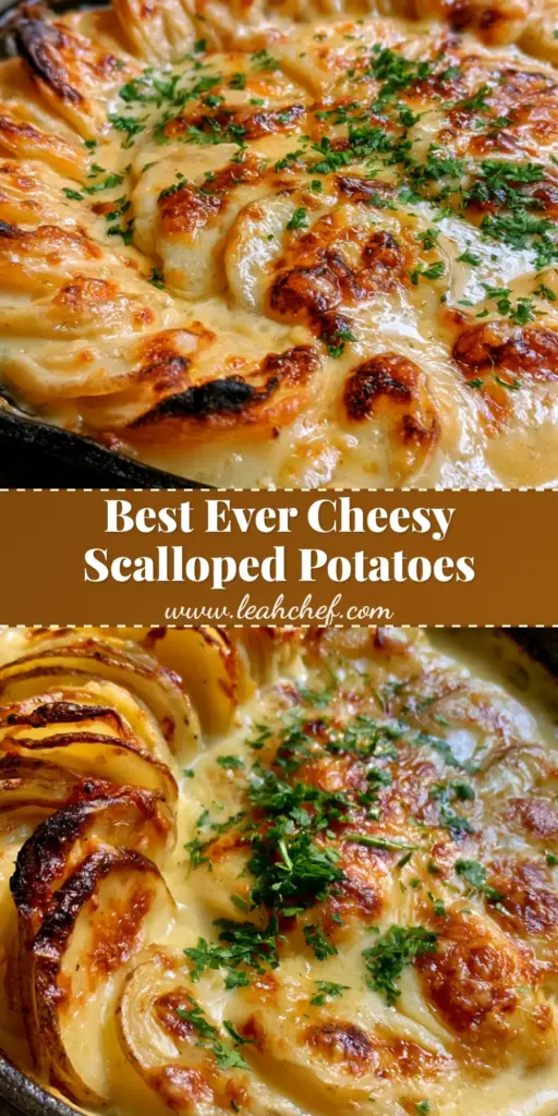 Cheesy Scalloped Potatoes: The Ultimate Skillet Comfort Food 3 A handheld smartphone photo of Cheesy Scalloped Potatoes in a black cast iron skillet, featuring a concentric spiral of potato slices and a glossy yellow cheese sauce garnished with parsley.