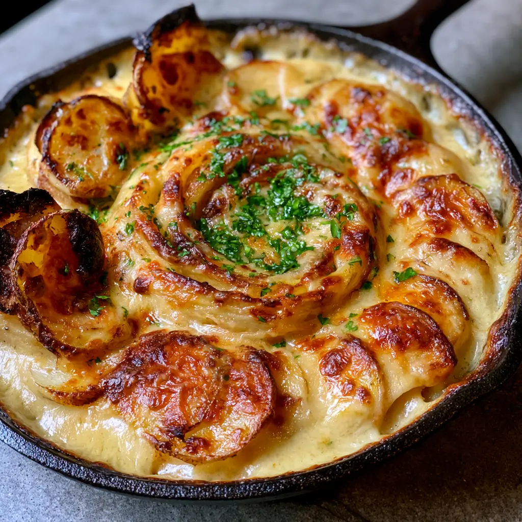 Close up of Cheesy Scalloped Potatoes showing distinct golden-brown toasted patches and crispy potato edges in a cast iron skillet.