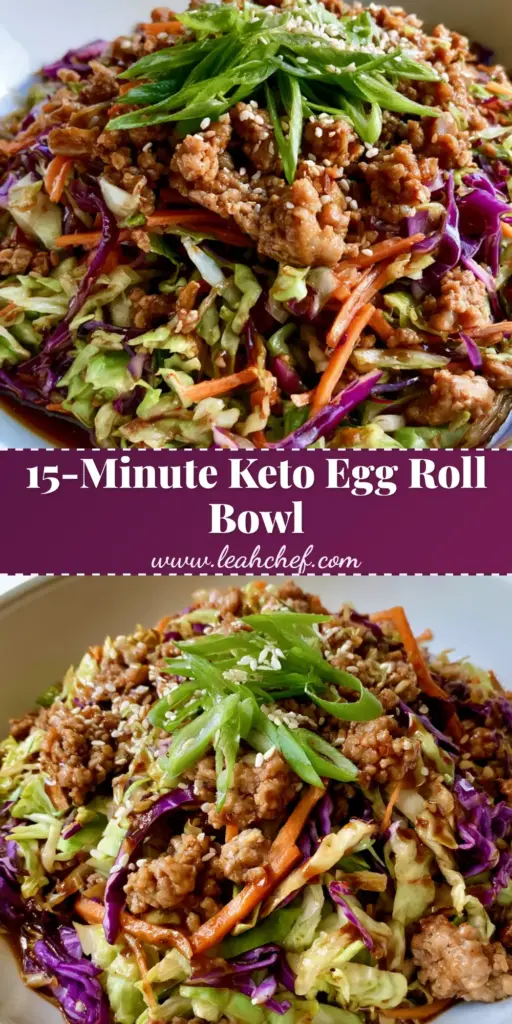 Egg Roll in a Bowl: The Ultimate 15-Minute One-Pan Weeknight Dinner 3 A shallow white ceramic bowl filled with Egg Roll in a Bowl, featuring browned ground pork, green and purple cabbage, matchstick carrots, and a glossy sauce, garnished with scallions and sesame seeds.