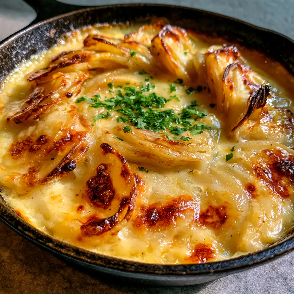 Cheesy Scalloped Potatoes: The Ultimate Skillet Comfort Food 1 Top down view of Cheesy Scalloped Potatoes arranged in a tight spiral with melted yellow cheese sauce and fresh green parsley garnish.
