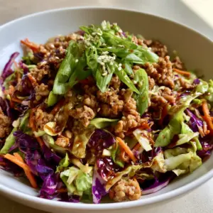 Close up handheld photo of Egg Roll in a Bowl showing the browned crumbled meat and vibrant purple cabbage textures.