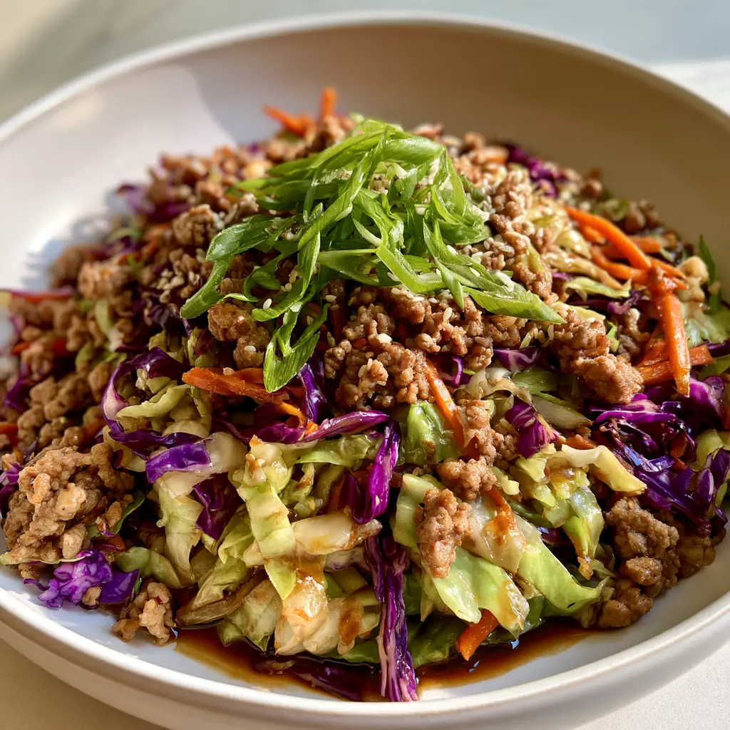Egg Roll in a Bowl: The Ultimate 15-Minute One-Pan Weeknight Dinner 1 Egg Roll in a Bowl served in a white bowl with a focus on the glossy dark brown savory sauce coating the julienned carrots.