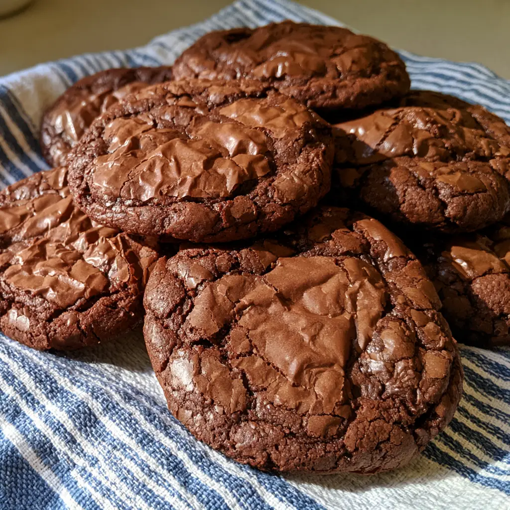 Fudgy Brownie Cookies with a Shiny Crackly Crust 2 Close-up of thick, dark chocolate Fudgy Brownie Cookies showing the moist center and chewy edges on a blue and white striped linen.