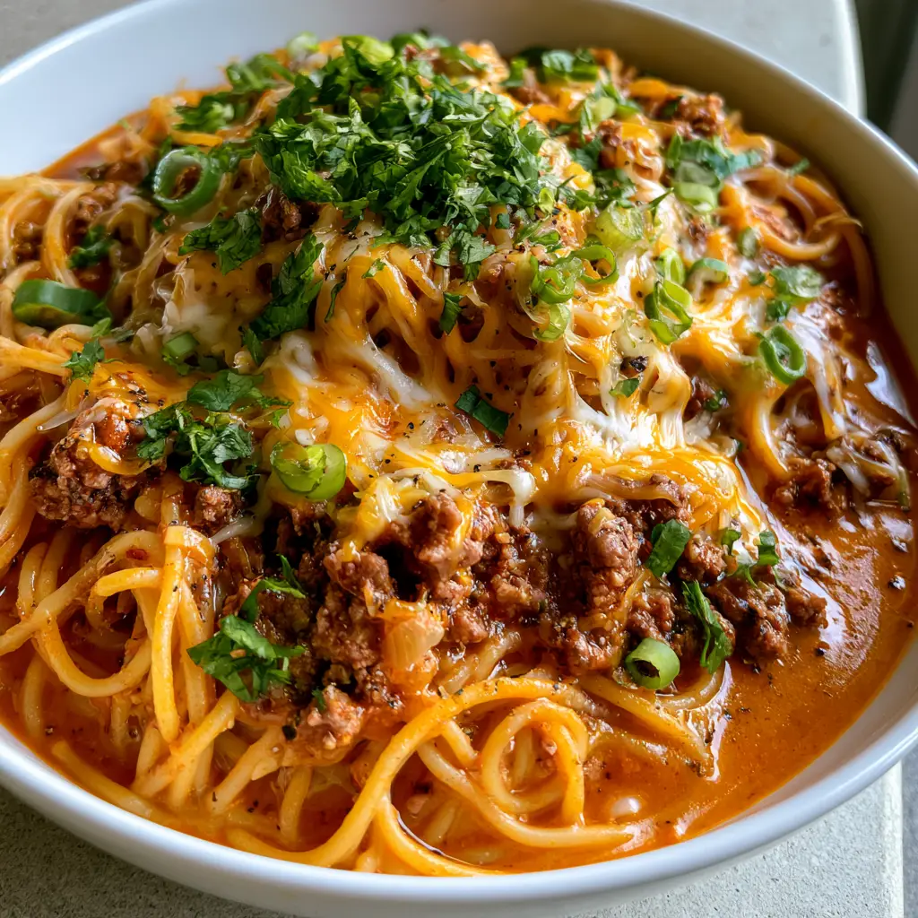 A smartphone photo of Taco Spaghetti showing the glossy orange-red sauce and crumbled beef. (Taco Spaghetti)