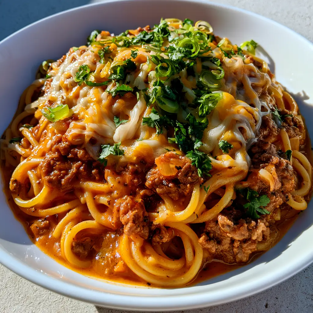 Taco Spaghetti: The Ultimate Cheesy One-Pan Fusion Dinner 1 Taco Spaghetti topped with partially melted cheddar and Monterey Jack cheese.