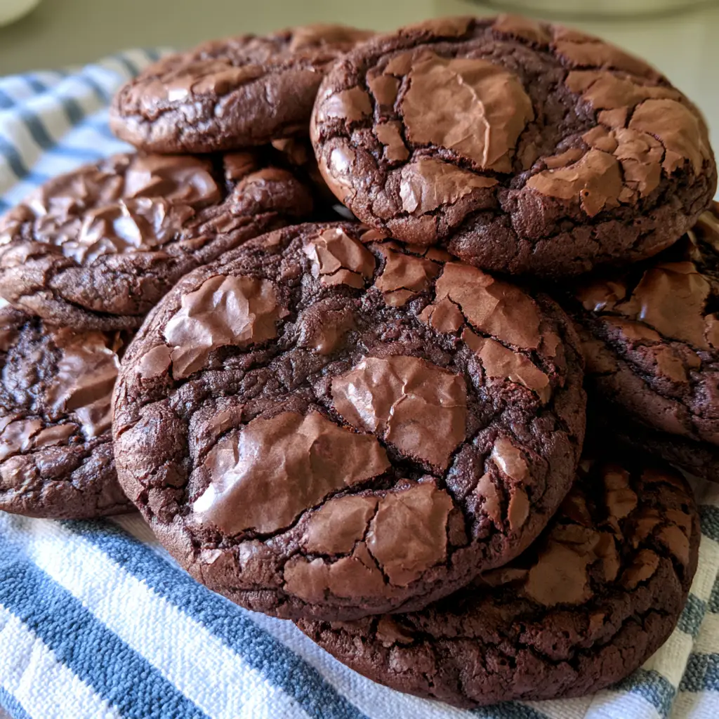 Fudgy Brownie Cookies with a Shiny Crackly Crust 1 Handheld shot of Fudgy Brownie Cookies stacked on a neutral kitchen surface with a blue and white striped cloth.
