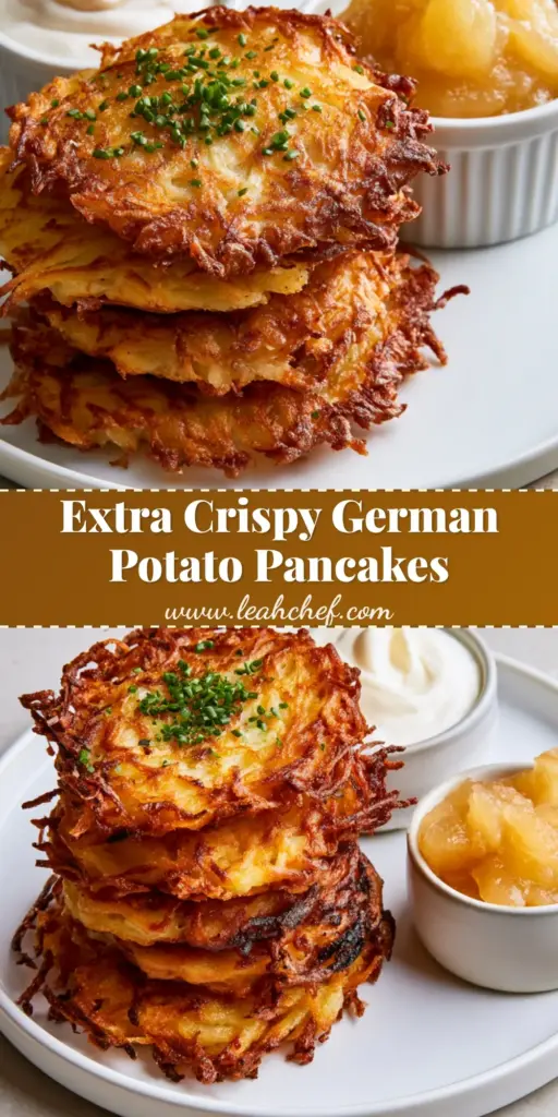 A tall stack of four crispy Kartoffelpuffer on a white plate with fresh chives and sides of sour cream and applesauce.