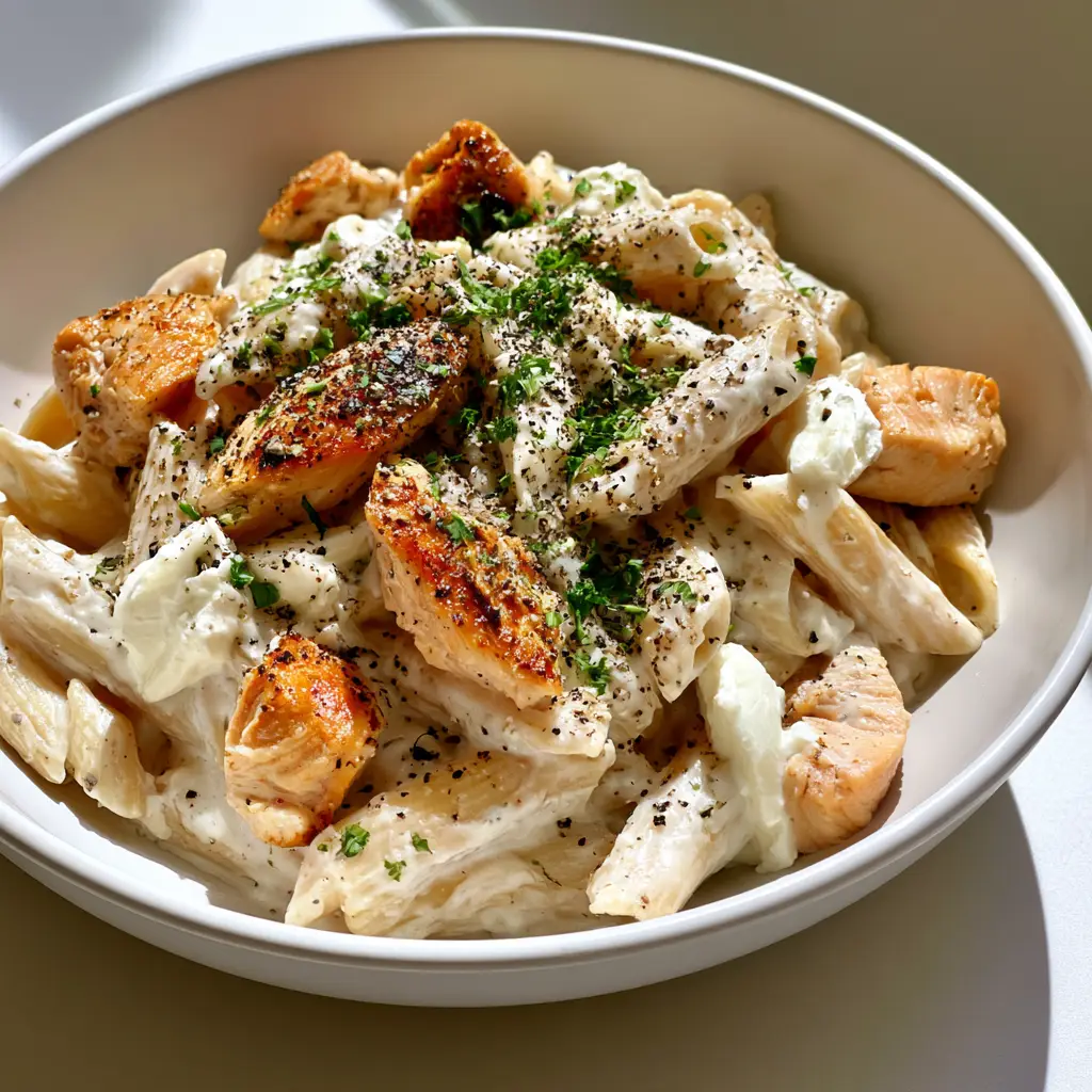 Creamy Ricotta Chicken Pasta with Seared Chicken 2 Handheld smartphone photo of Creamy Ricotta Chicken Pasta showing the thick velvety white sauce and seared chicken pieces.