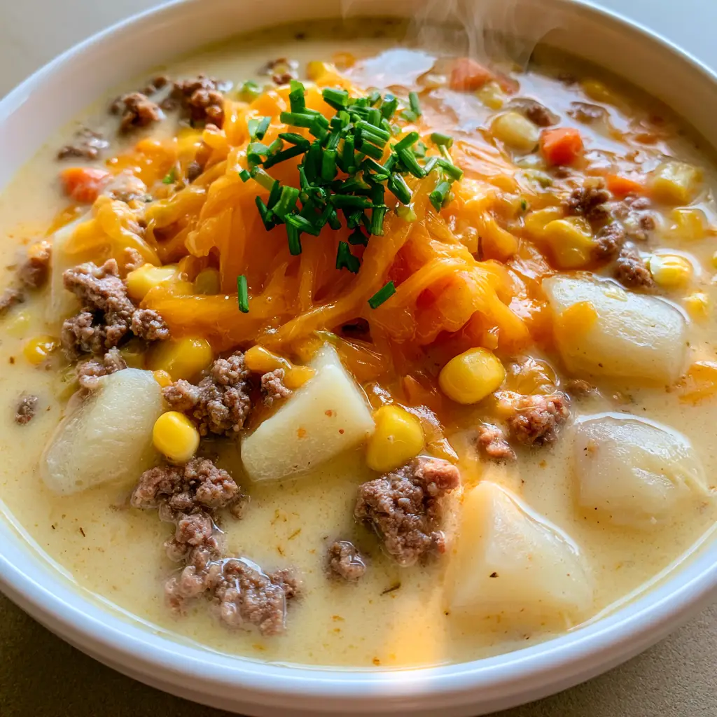 Hamburger Potato Soup: The Ultimate Creamy Comfort Food 2 Close-up of Hamburger Potato Soup in a white ceramic bowl showing creamy yellow broth and orange carrot rounds.