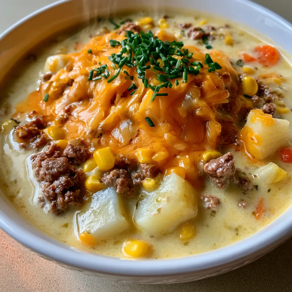 Hamburger Potato Soup: The Ultimate Creamy Comfort Food 1 Overhead view of Hamburger Potato Soup topped with a mound of melted shredded orange cheddar cheese and green chives.